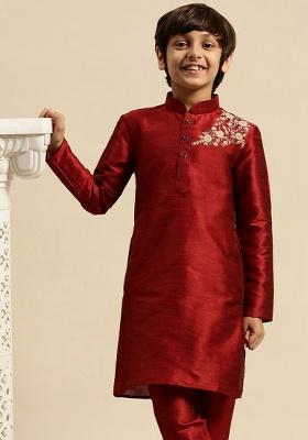 Maroon Embroidery Silk Kurta For Boys