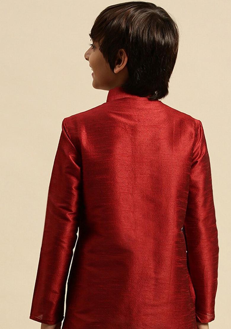 Maroon Embroidery Silk Kurta For Boys - Indya