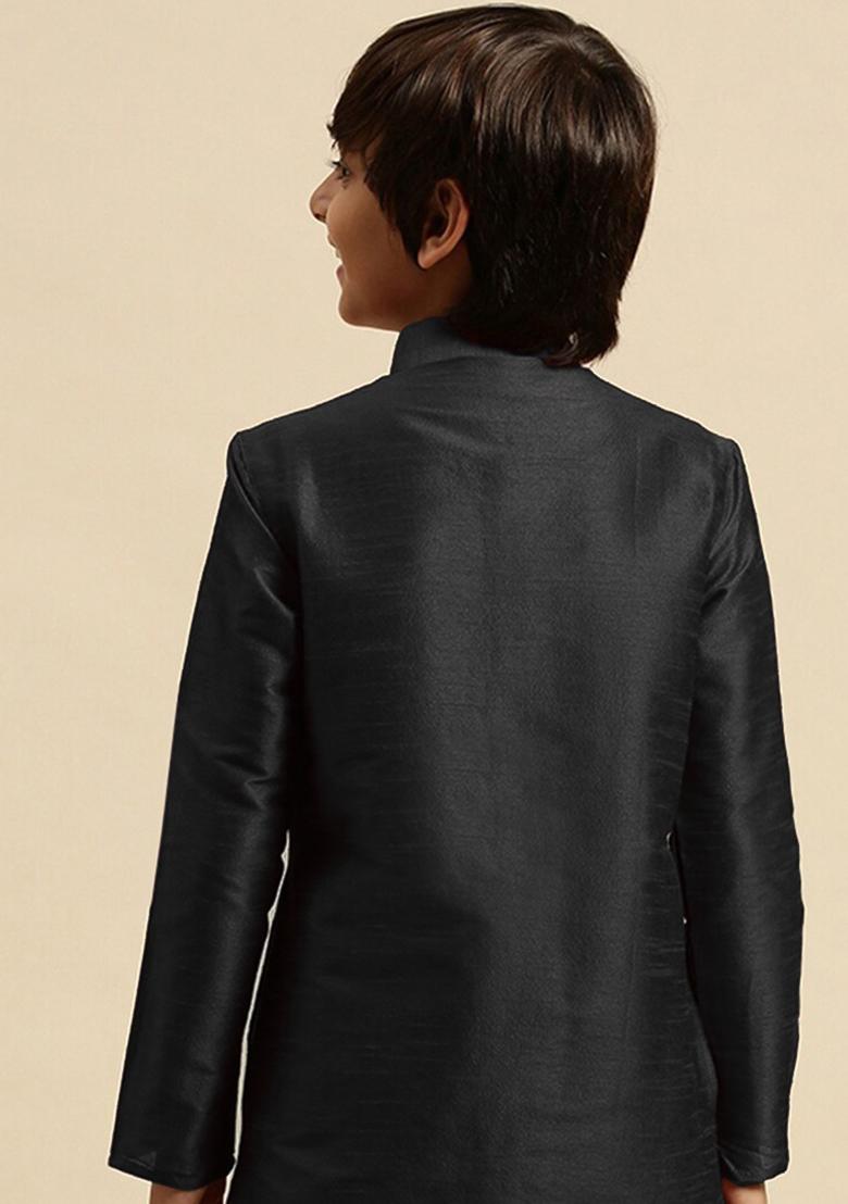 Black Embroidery Silk Kurta For Boys - Indya