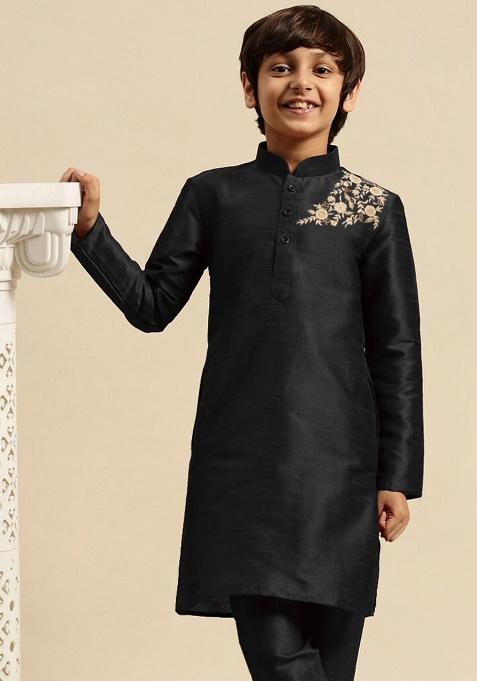 Black Embroidery Silk Kurta For Boys