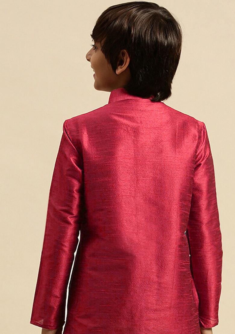 Magenta Embroidery Silk Kurta For Boys - Indya