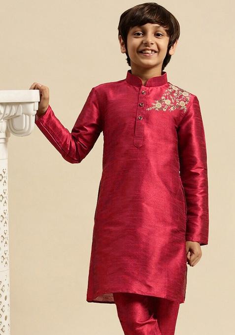 Magenta Embroidery Silk Kurta For Boys