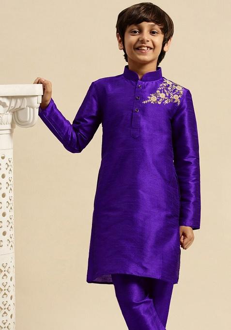 Royal Blue Embroidery Silk Kurta For Boys