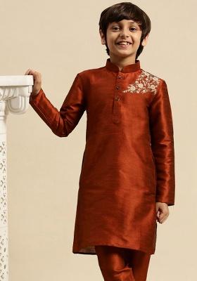 Dark Maroon Embroidery Silk Kurta For Boys