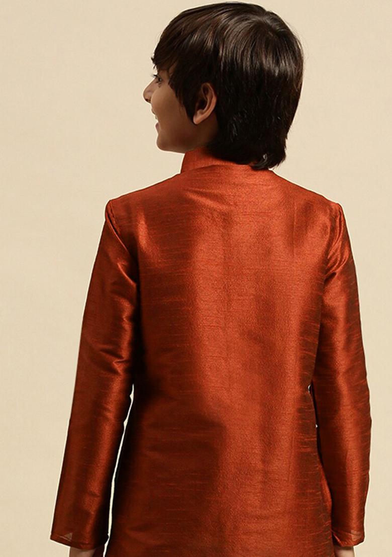 Dark Maroon Embroidery Silk Kurta For Boys - Indya