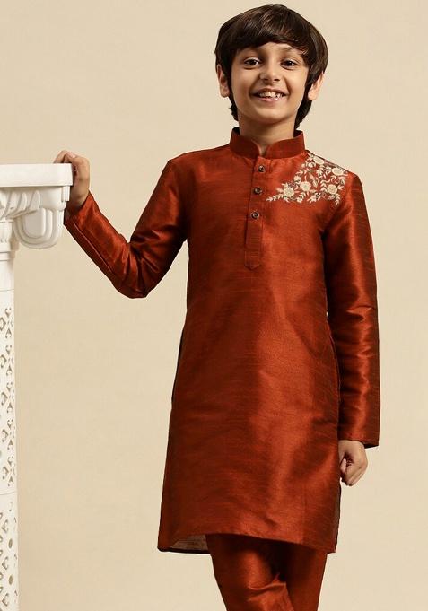 Dark Maroon Embroidery Silk Kurta For Boys
