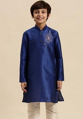 Navy Blue Embroidery Silk Kurta For Boys