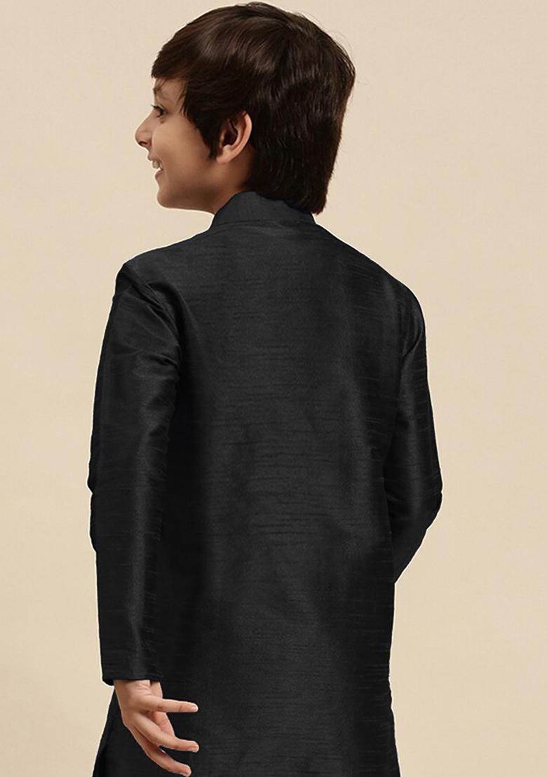 Black Embroidery Silk Kurta For Boys - Indya