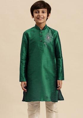 Green Embroidery Silk Kurta For Boys