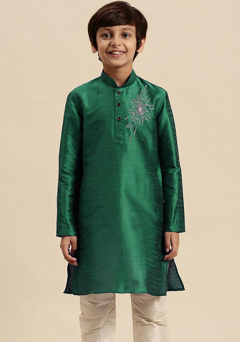 Green Embroidery Silk Kurta For Boys - Indya