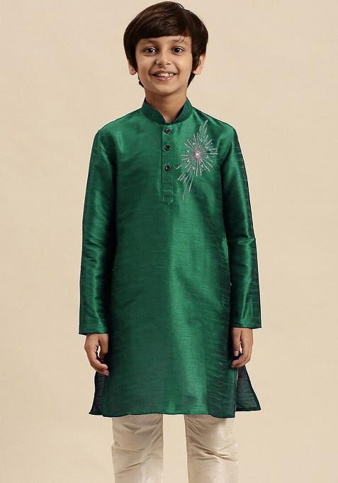 Green Embroidery Silk Kurta For Boys