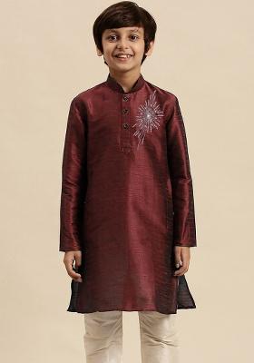 Wine Embroidery Silk Kurta For Boys