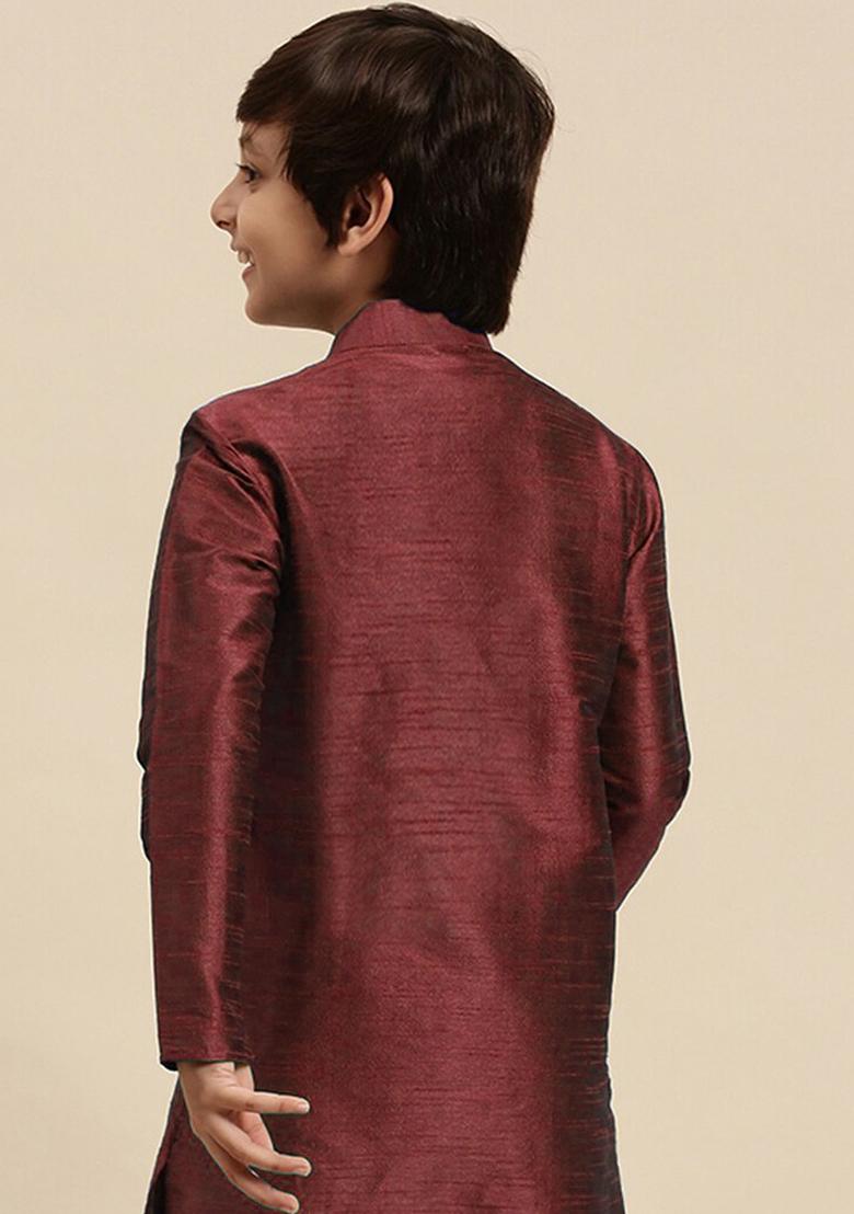 Wine Embroidery Silk Kurta For Boys - Indya