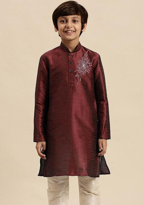 Wine Embroidery Silk Kurta For Boys
