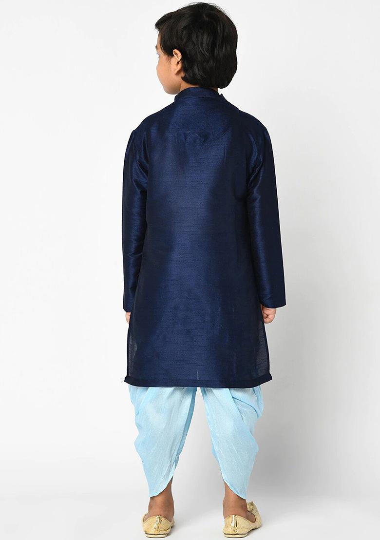 Navy Blue Embroidery Silk Kurta With Bottom For Boys - Indya