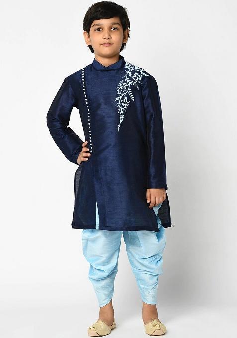 Navy Blue Embroidery Silk Kurta With Bottom For Boys