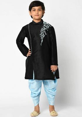 Black Embroidery Silk Kurta With Bottom For Boys