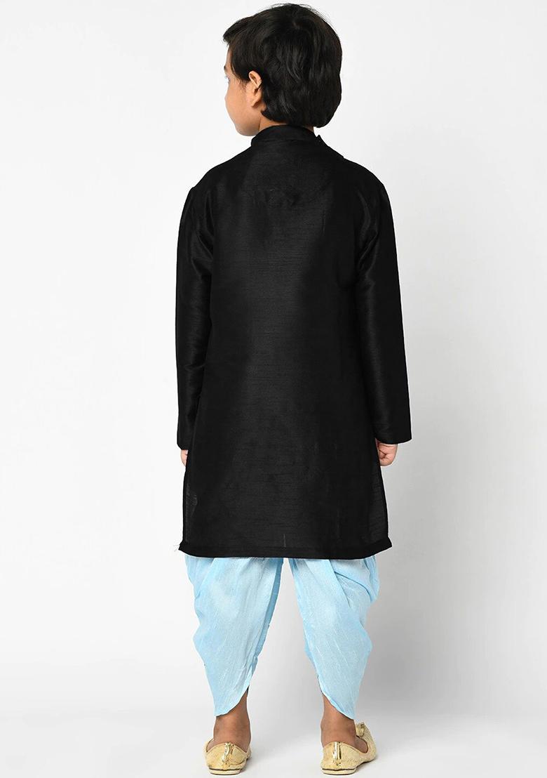 Black Embroidery Silk Kurta With Bottom For Boys - Indya