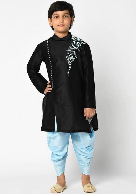 Black Embroidery Silk Kurta With Bottom For Boys