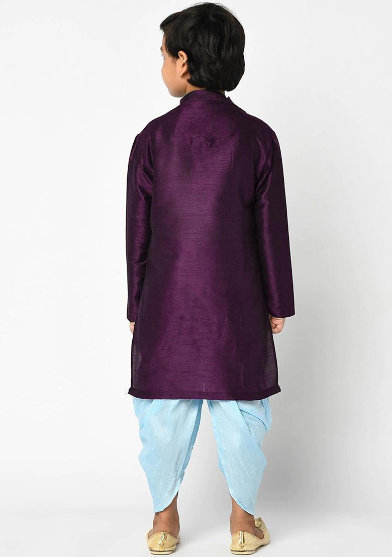 Purple Embroidery Silk Kurta With Bottom For Boys - Indya