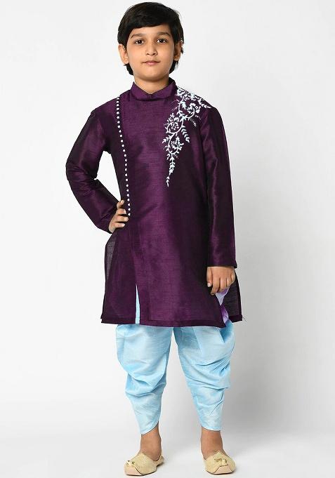 Purple Embroidery Silk Kurta With Bottom For Boys