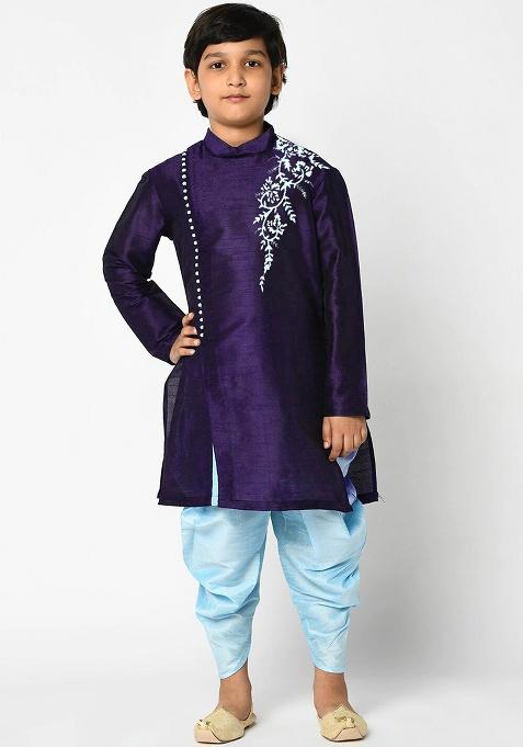 Violet Embroidery Silk Kurta With Bottom For Boys