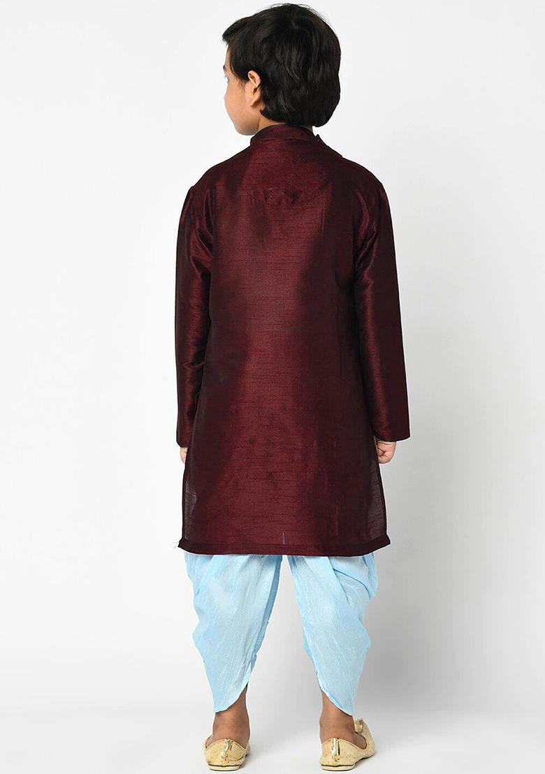 Wine Embroidery Silk Kurta With Bottom For Boys - Indya