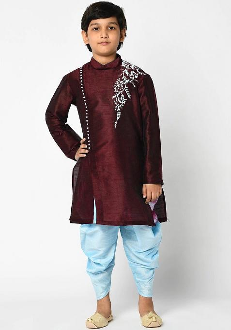 Wine Embroidery Silk Kurta With Bottom For Boys