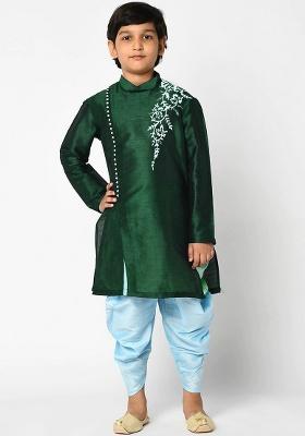 Bottle Green Embroidery Silk Kurta With Bottom For Boys