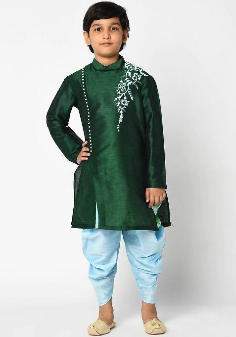 Bottle Green Embroidery Silk Kurta With Bottom For Boys