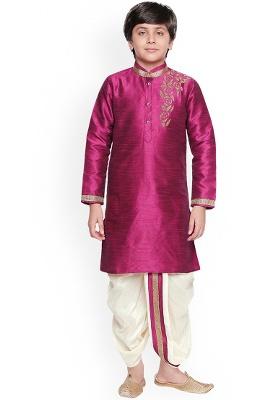 Magenta Embroidery Silk Kurta With Bottom For Boys