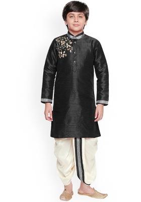 Black Embroidery Silk Kurta With Bottom For Boys