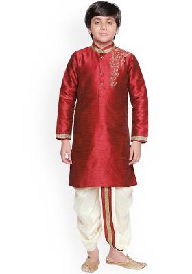 Maroon Embroidery Silk Kurta With Bottom For Boys
