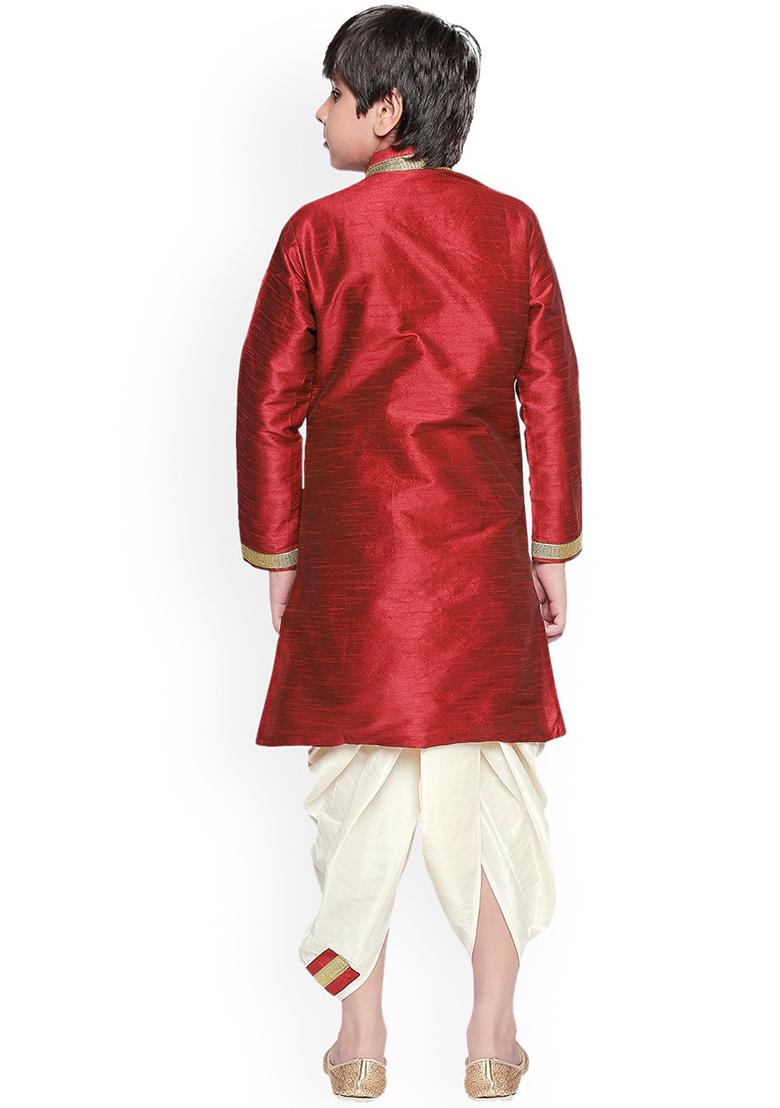 Maroon Embroidery Silk Kurta With Bottom For Boys - Indya