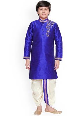Royal Blue Embroidery Silk Kurta With Bottom For Boys