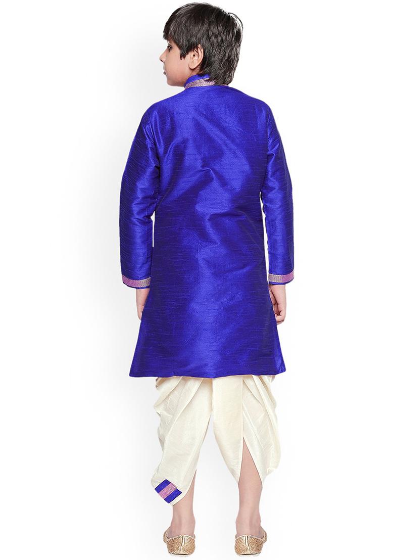 Royal Blue Embroidery Silk Kurta With Bottom For Boys - Indya