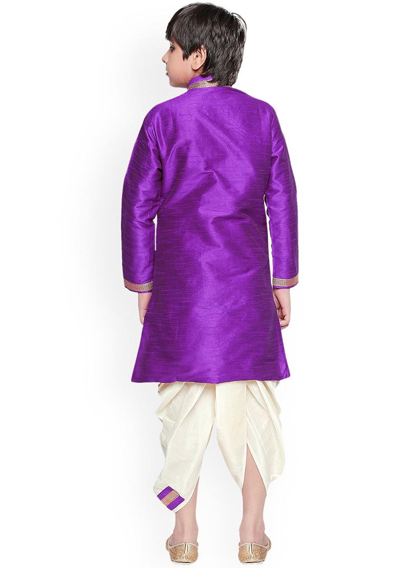 Violet Embroidery Silk Kurta With Bottom For Boys - Indya
