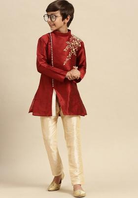 Maroon Embroidery Silk Kurta With Bottom For Boys