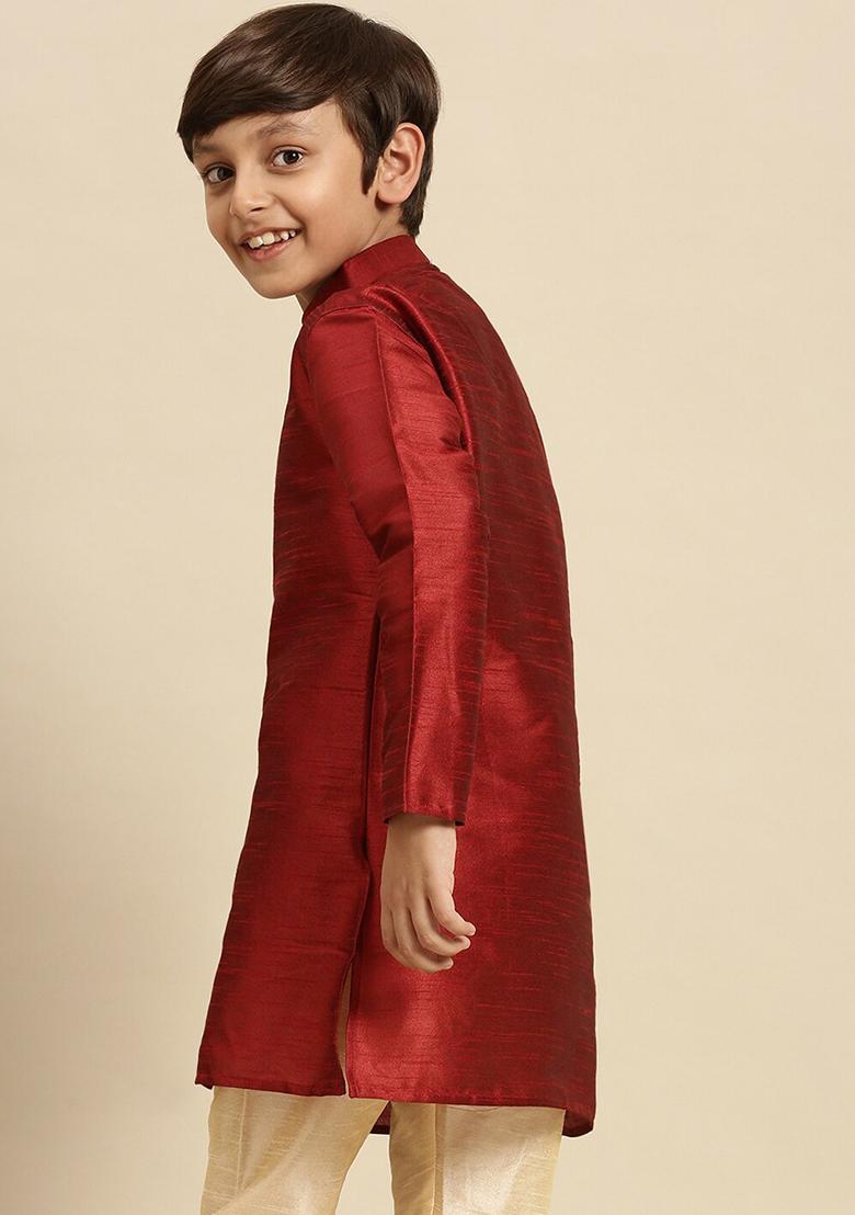 Maroon Embroidery Silk Kurta With Bottom For Boys - Indya
