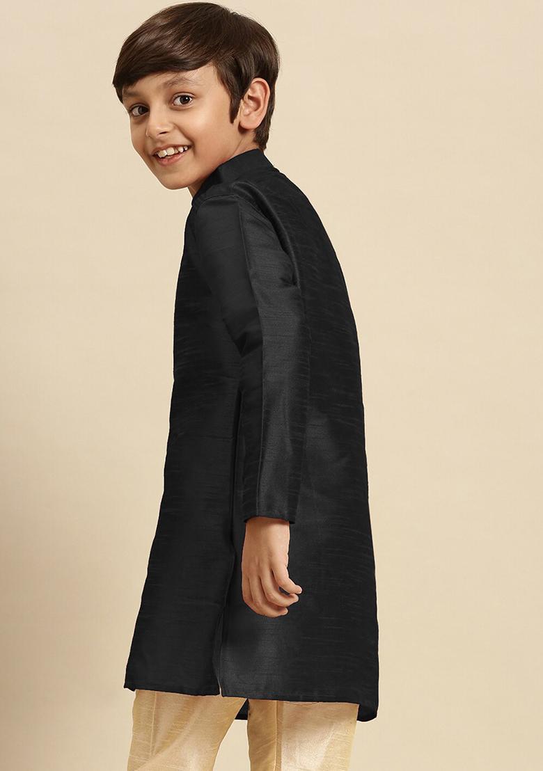Black Embroidery Silk Kurta With Bottom For Boys - Indya