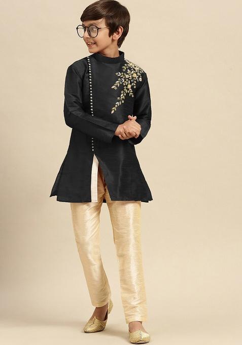 Black Embroidery Silk Kurta With Bottom For Boys