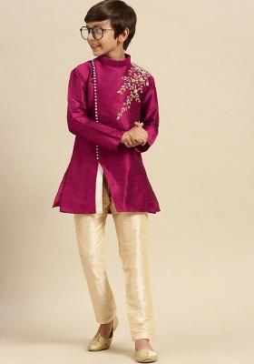 Black Embroidery Silk Kurta With Bottom For Boys