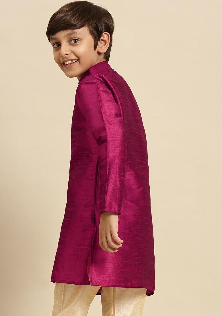 Black Embroidery Silk Kurta With Bottom For Boys - Indya