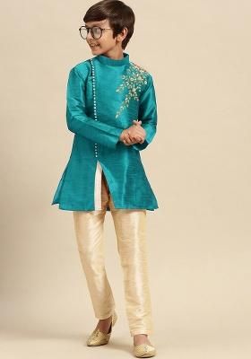 Aqua Blue Embroidery Silk Kurta With Bottom For Boys