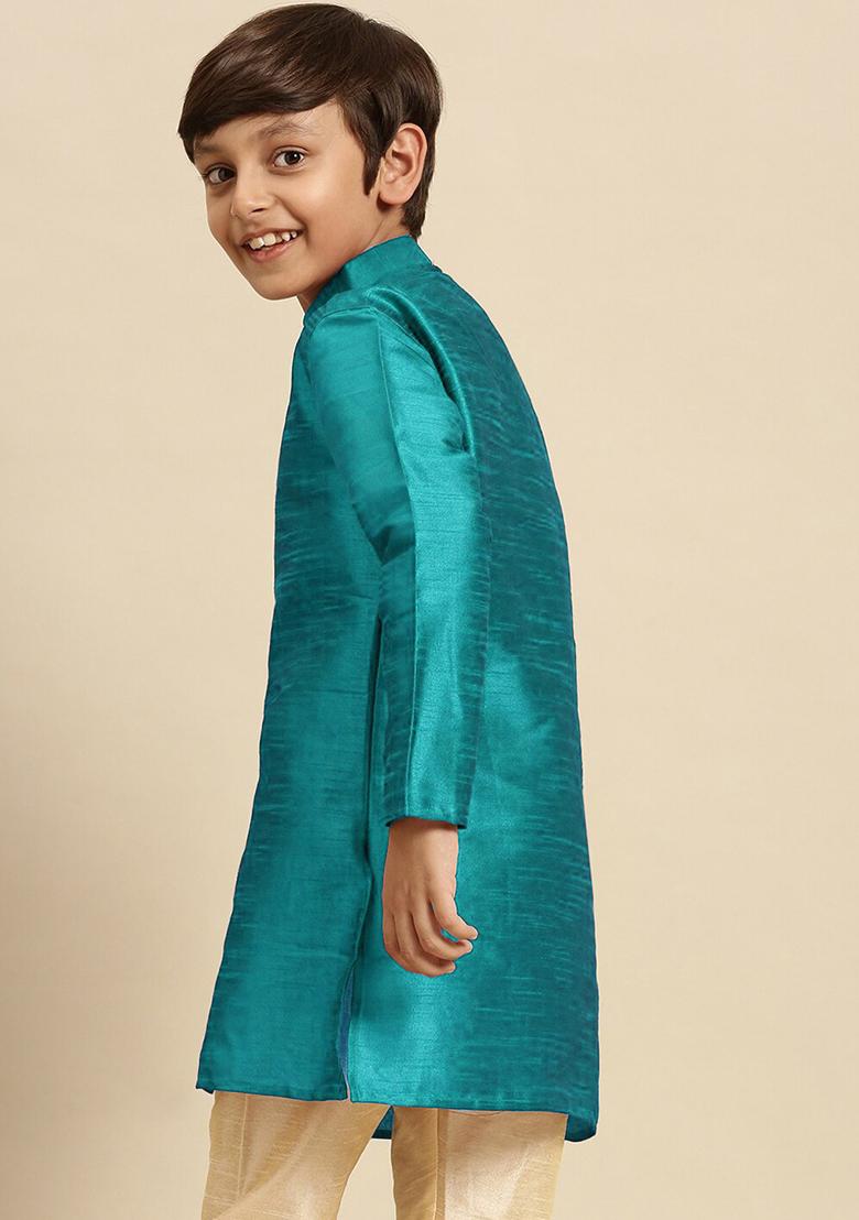 Aqua Blue Embroidery Silk Kurta With Bottom For Boys - Indya