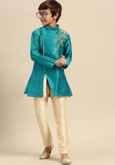 Aqua Blue Embroidery Silk Kurta With Bottom For Boys
