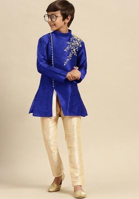 Royal Blue Embroidery Silk Kurta With Bottom For Boys