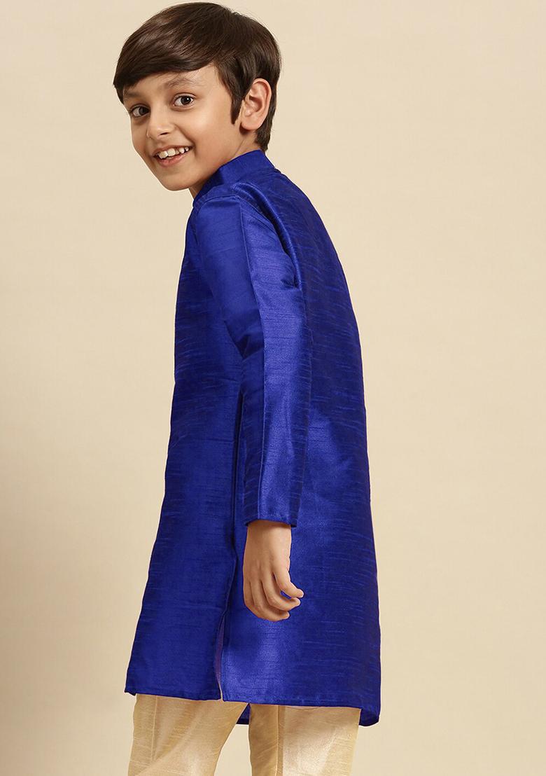 Royal Blue Embroidery Silk Kurta With Bottom For Boys - Indya
