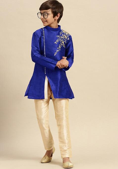 Royal Blue Embroidery Silk Kurta With Bottom For Boys