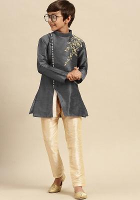 Dark Grey Embroidery Silk Kurta With Bottom For Boys